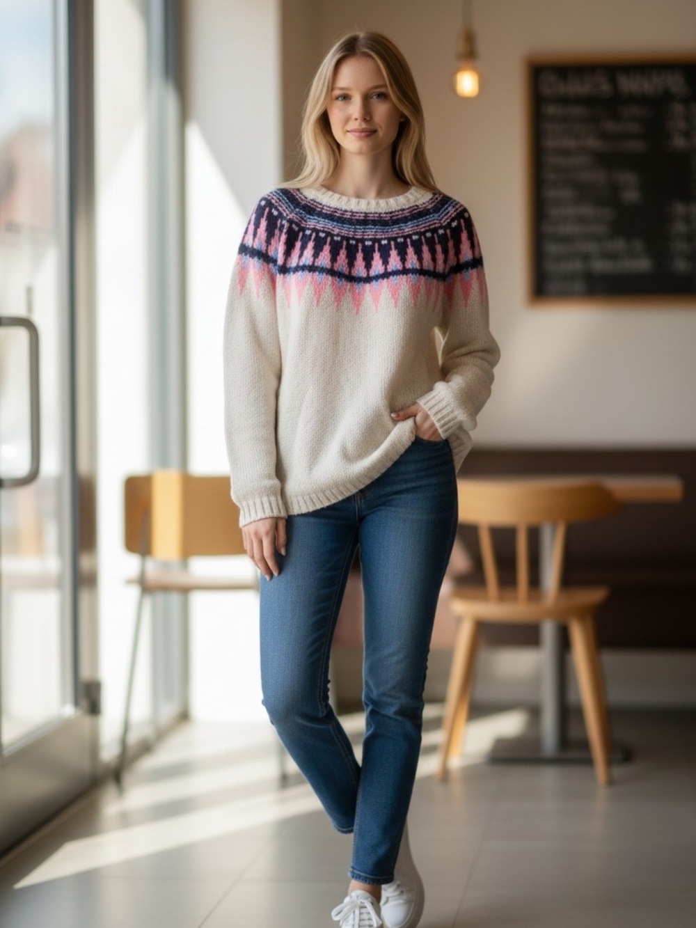 Cream Fair Isle Yoke Sweater With Pink & Blue Pattern